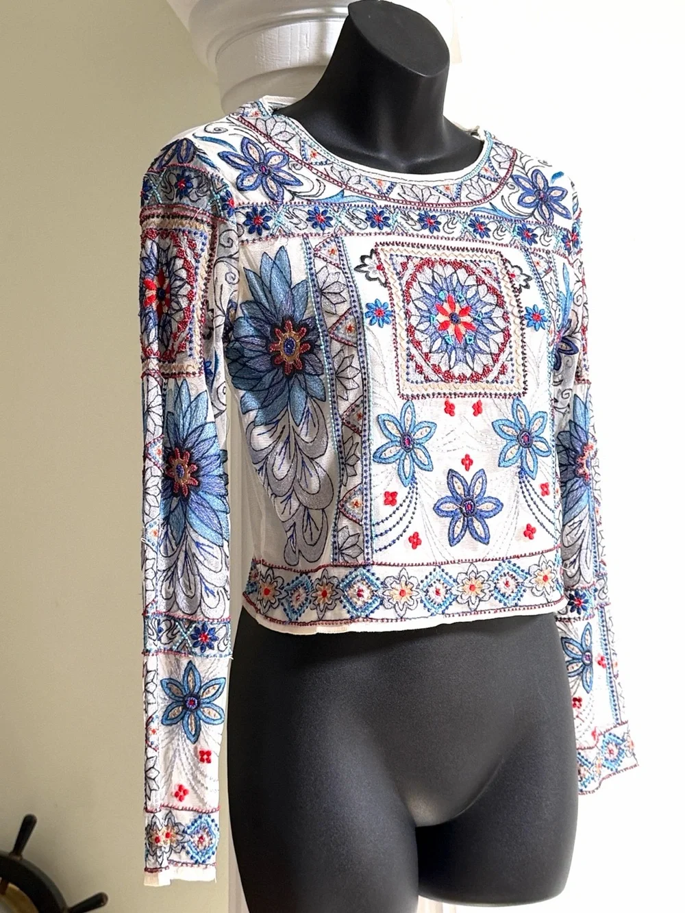 Zara Woman Premium Denim Collection Embroidered Beaded Cropped Sheer Sleeve Top